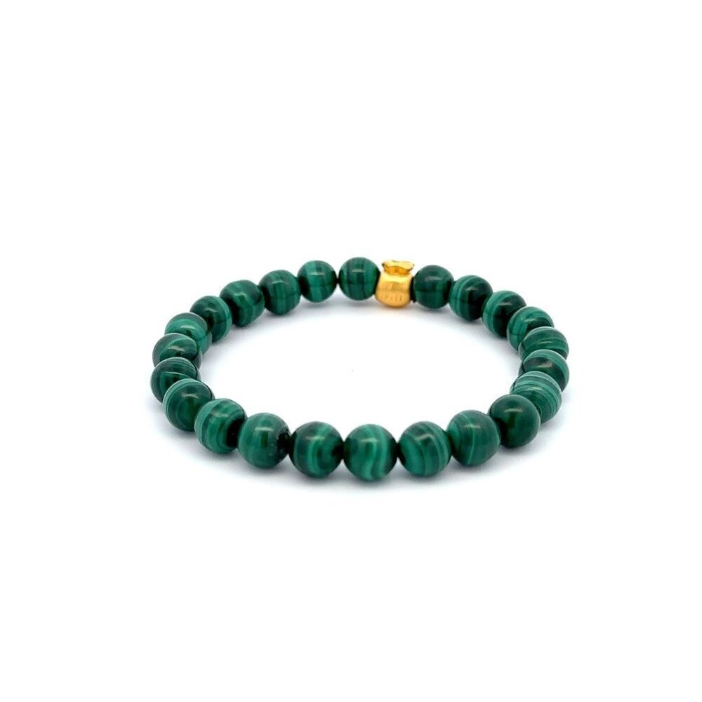 24K Gold Money Bag Lucky Charm Stretchable Bracelet Gemstones Malachite 6.5-7mm - Picture 4 of 5